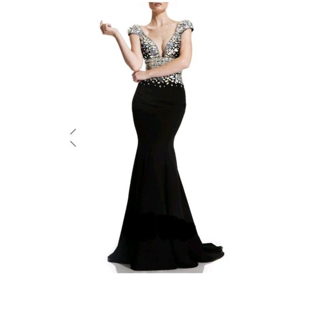 Johnathan Kayne Handbeaded Rhinestone Black Gown V Neck Pagant Dress Size 2